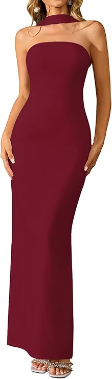 Women Elegant Summer Bodycon Maxi Dress Halter Neck Formal Wedding Guest Cocktail Party Long Dresses Wine
