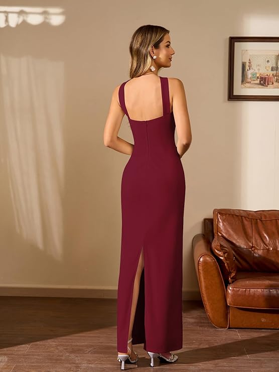Women Elegant Summer Bodycon Maxi Dress Halter Neck Formal Wedding Guest Cocktail Party Long Dresses Wine