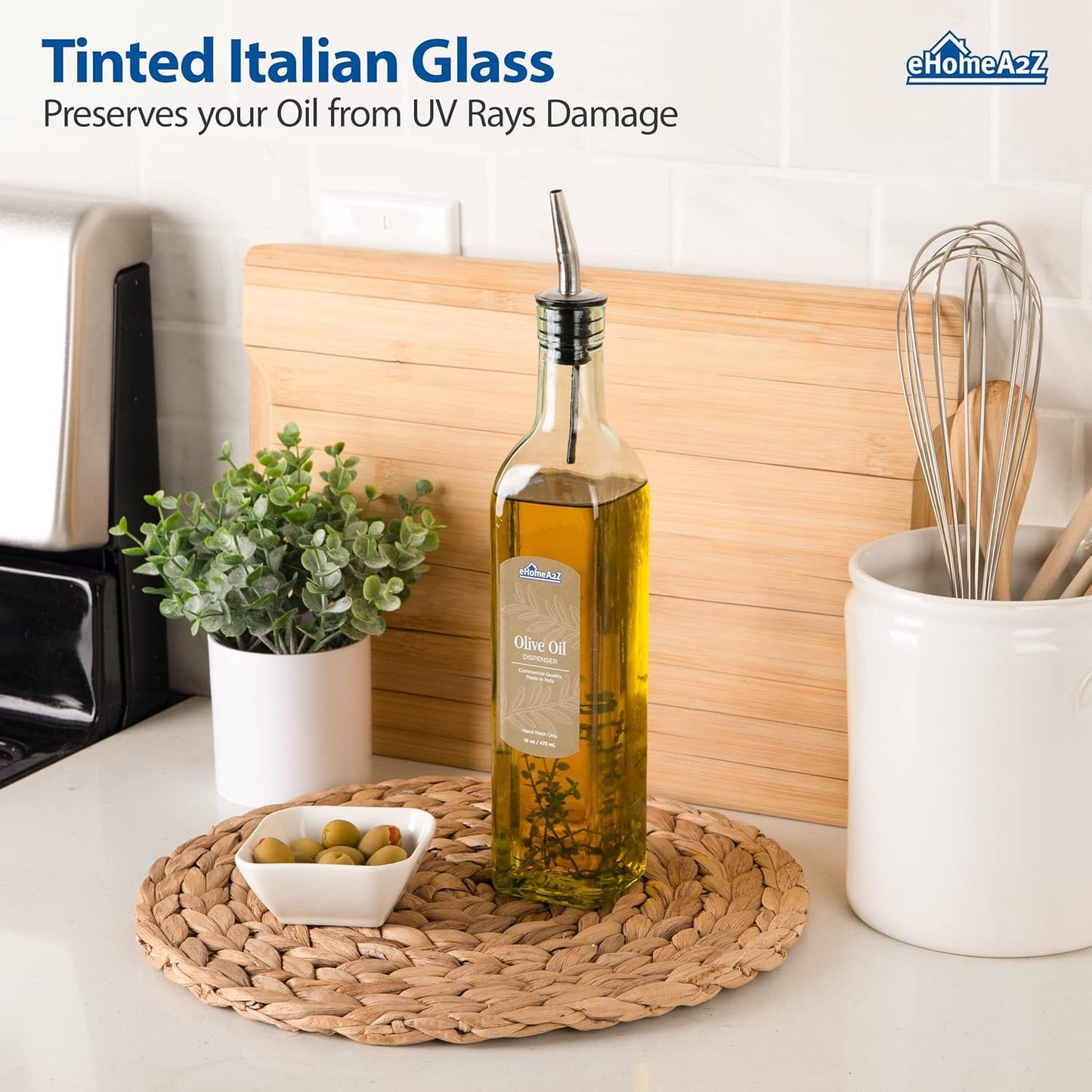 Italian Glass Olive Oil Dispenser Bottle - 16 Oz, Oil and Vinegar Dispenser with Stainless Steel Spout