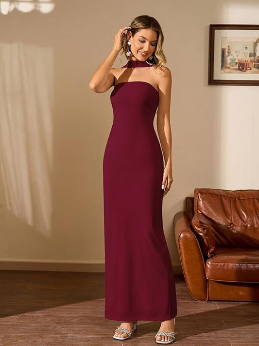 Women Elegant Summer Bodycon Maxi Dress Halter Neck Formal Wedding Guest Cocktail Party Long Dresses Wine
