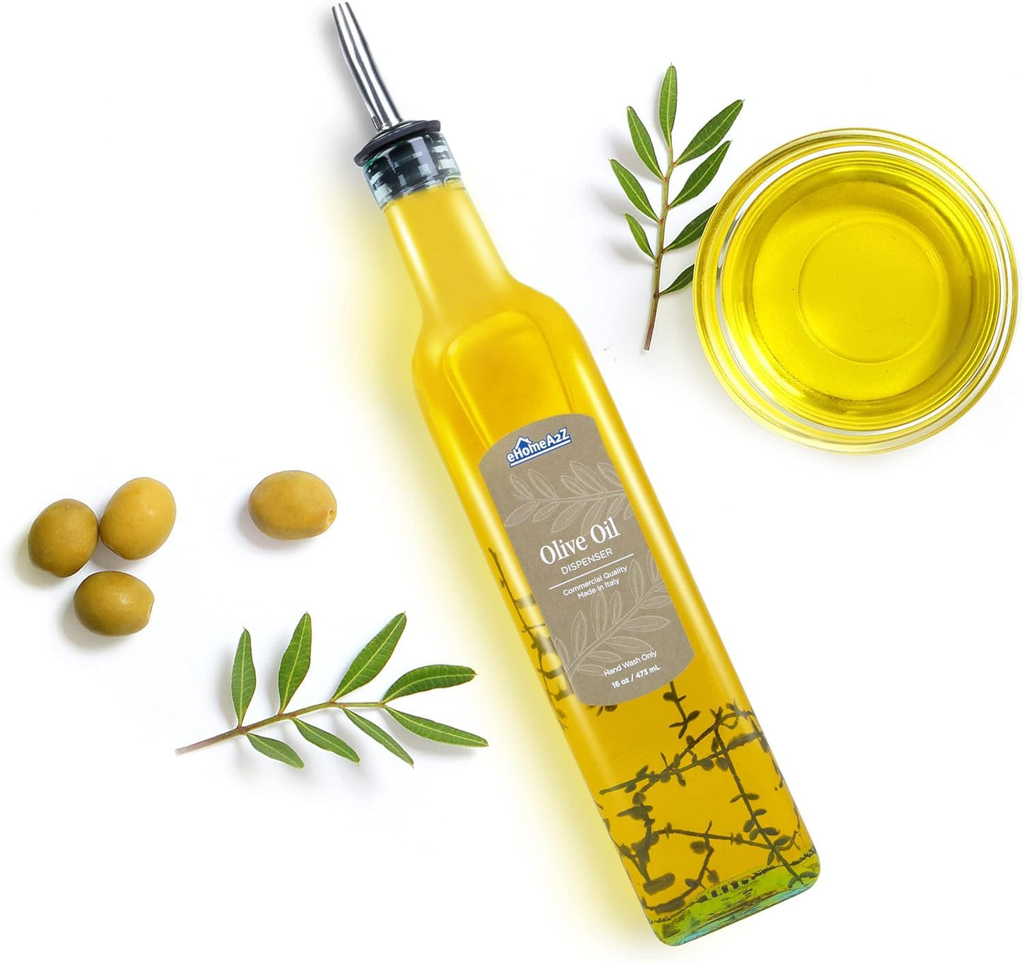 Italian Glass Olive Oil Dispenser Bottle - 16 Oz, Oil and Vinegar Dispenser with Stainless Steel Spout