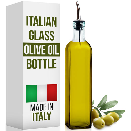 Italian Glass Olive Oil Dispenser Bottle - 16 Oz, Oil and Vinegar Dispenser with Stainless Steel Spout